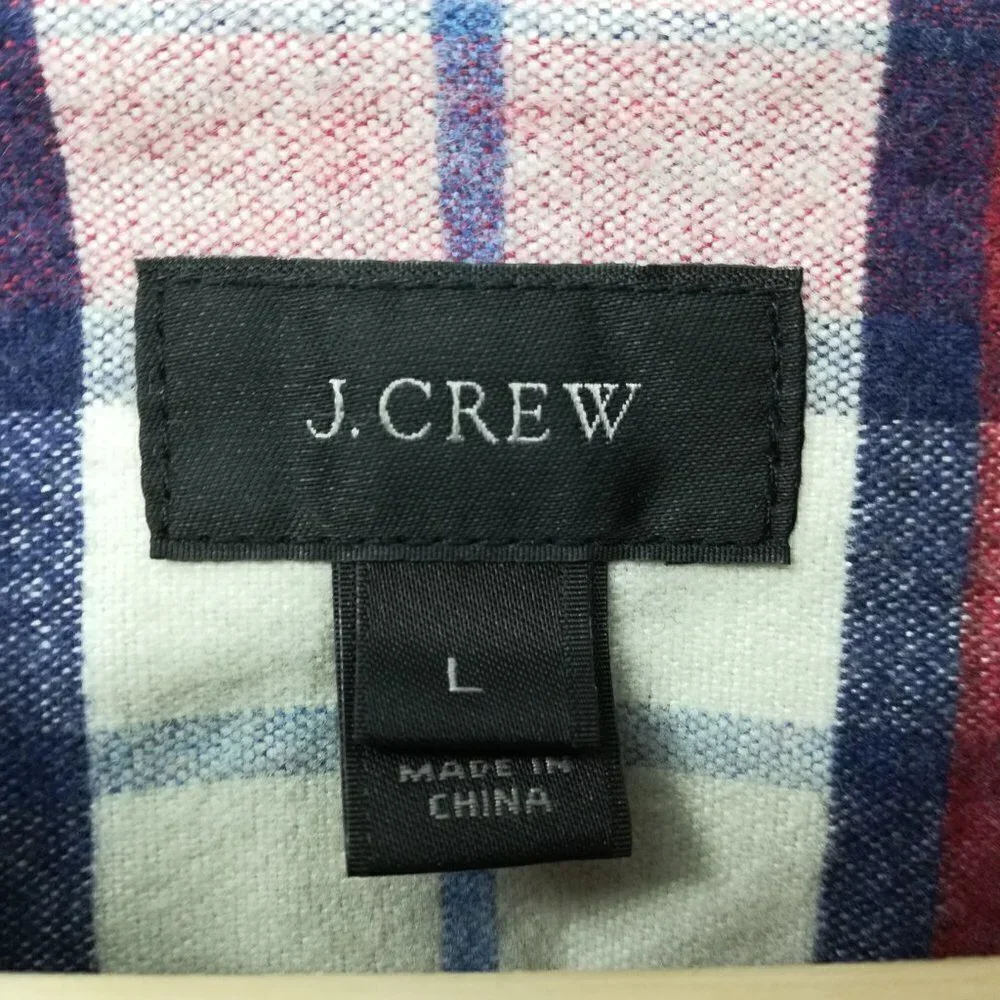 J Crew Flannel Plaid Chamois Elbow Patch Button Up Shirt Size L Red Blue Preppy